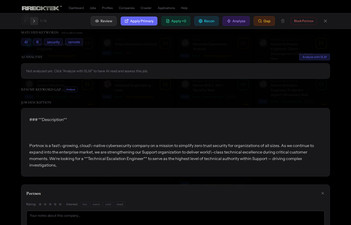 Job description text for the Portnox role with a company-investigation panel below it offering a star rating and hot/warm/cold/dead interest buttons plus a notes field