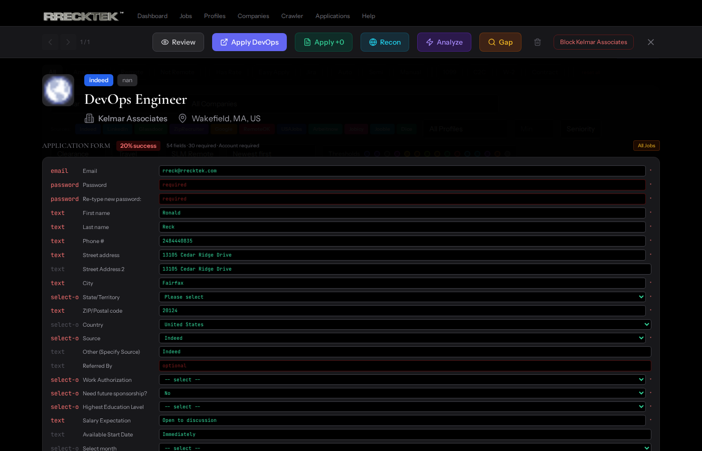 Recon result for a DevOps Engineer application: header reads 20% success, 54 fields, 30 required, account required; a full field-by-field table maps email, names, phone, address, work authorization and sponsorship questions to pre-filled answers, color-coded green for mapped and red for still-required